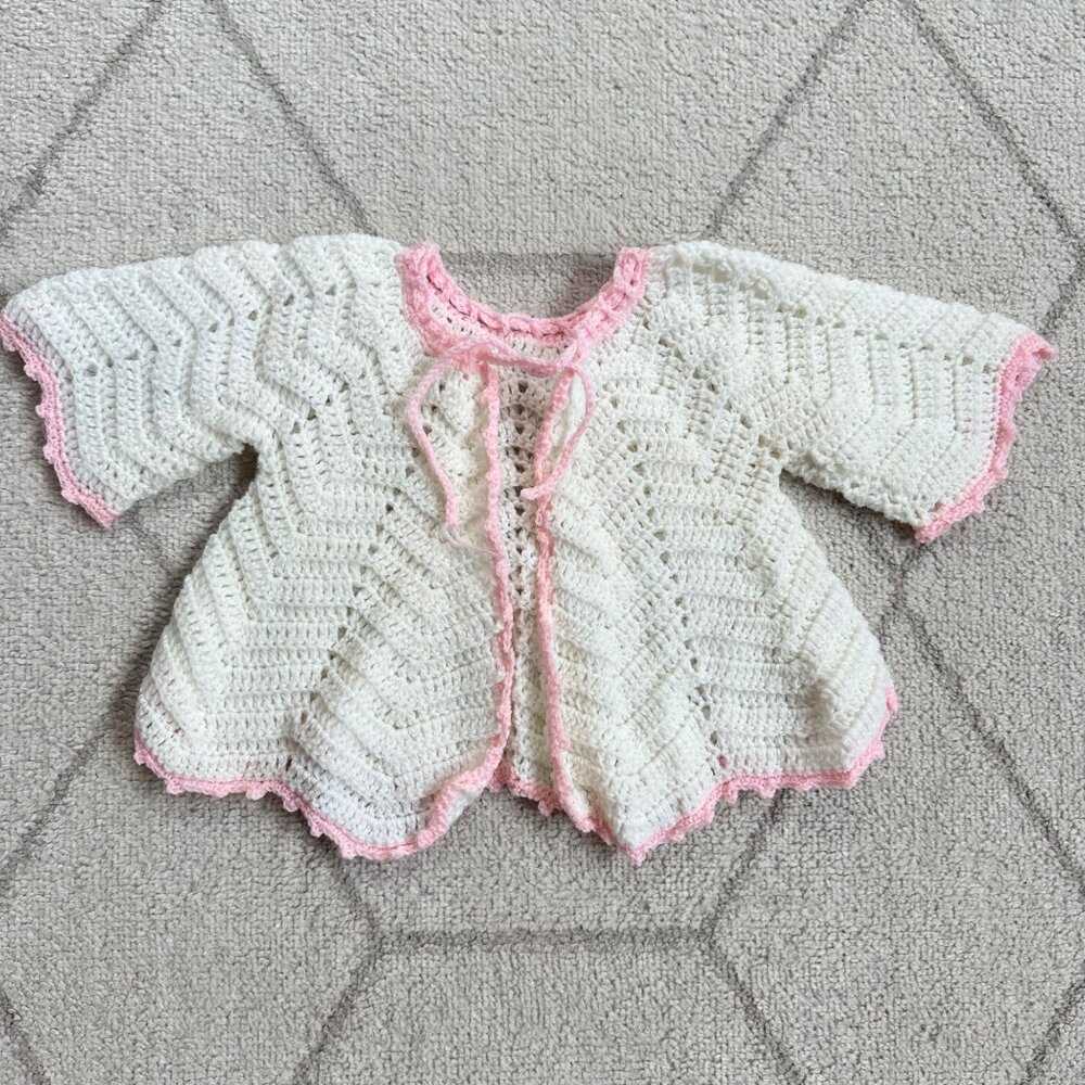 Vintage Hand-Crocheted Baby Cardigan With Pink Trim & Zigzag Design